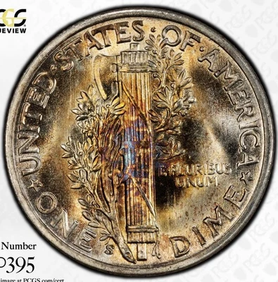 1945-S MS65 PCGS Rainbow Toned Reverse Holdered Mercury Dime Trueview - Image 1 of 4