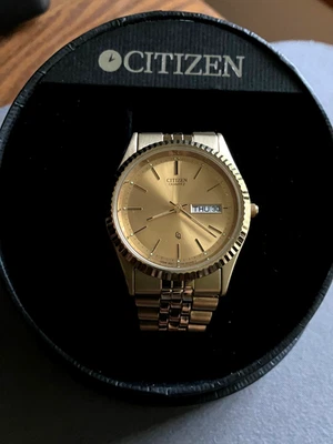 Citizen CQ President Watch Men 36mm Gold Dial Gold Tone Day Date Round New Batt - Image 1 of 4