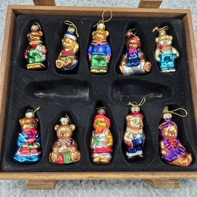 Juego de 10 adornos de oso de peluche de vidrio soplado pacconi navideño vintage caja de madera Foto 1 de 4