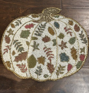 2 Rachel Zoe Beaded Pumpkin Placemat New Fall Leaves Thanksgiving 13” - Picture 1 of 2