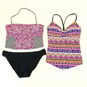 Arizona Jean Co. Tankini Set 2 Tops Floral Pink 1 Black Bottom Hipster Size L - Picture 1 of 9