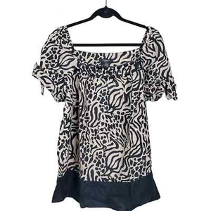 Autogramm Frau Leinen hellbraun/schwarz Tiermotiv Perlen Schulterfrei Tunika Größe 1X - Bild 1 von 10