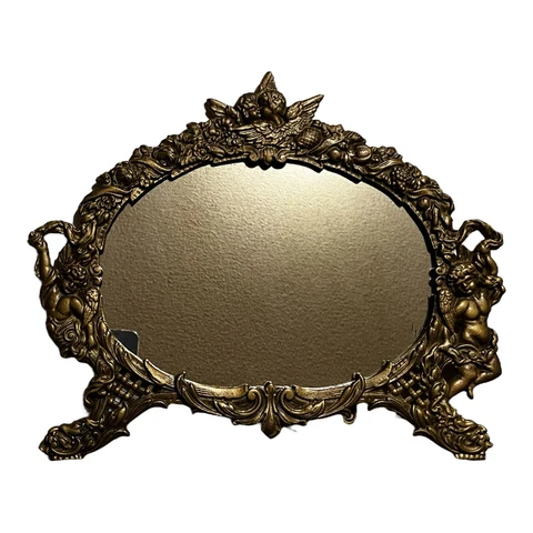 Vintage Brass Oval Frame Easel Mirror Cherubs 16" x 13" Cover