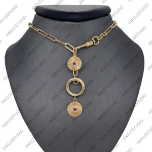 Diamond Fluted Evil Eye Charm, Octagon Ruby & Blue Sapphire 14k Gold Eye Pendant - Picture 1 of 11