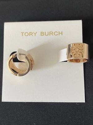 AUTÉNTICO PENDIENTE TORY BURCH BRITTEN HUGGIE HOOP DORADO CON LOGO T NUEVO CON BOLSA Foto 1 de 4