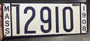 1908 Massachusetts License Plate Antique Auto Porcelain Enamel 100% Original - Picture 1 of 9
