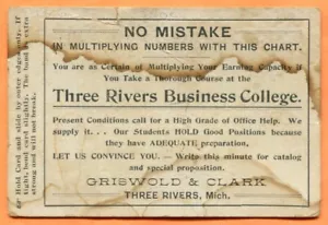 Carta moltiplicazione Mich Three Rivers Business College Griswold & Clark 1906 - Foto 1 di 3