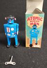 ROBOT ATOMIC HOMME bleu (jouets en étain Schylling 1997) avec clé et boîte