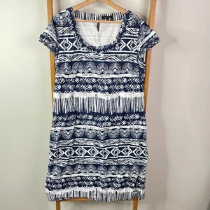 Marco Polo Shift Dress Womens 16 Blue White Geometric Knee Length Scoop Neck - Picture 1 of 12