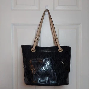 Michael Kors Signature Black Patent Leather Monogram Jet Set Shoulder Bag Tote - Picture 1 of 15