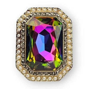Akkad Crystal Cocktail Ring Watermelon Pavé Crystal Faux Pearl Gold Plate Size 8 - Picture 1 of 14