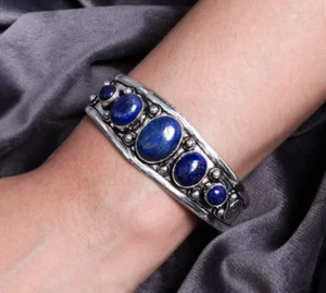 925 Sterling Silver Blue Lapis Lazuli Gemstone Handmade Jewelry Cuff Bracelet - Picture 1 of 7
