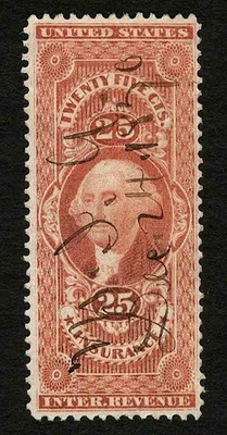1862 US Revenue R46c Brown Red 25c Insurance Tax Stamp Pen Cancel F-VF Used - Image 1 of 2