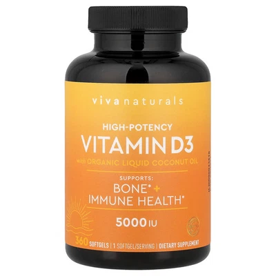 Vitamina D3 con Aceite de Coco Líquido Orgánico, Alta Potencia, 5.000 UI, 360 Cápsulas Blandas Foto 1 de 2