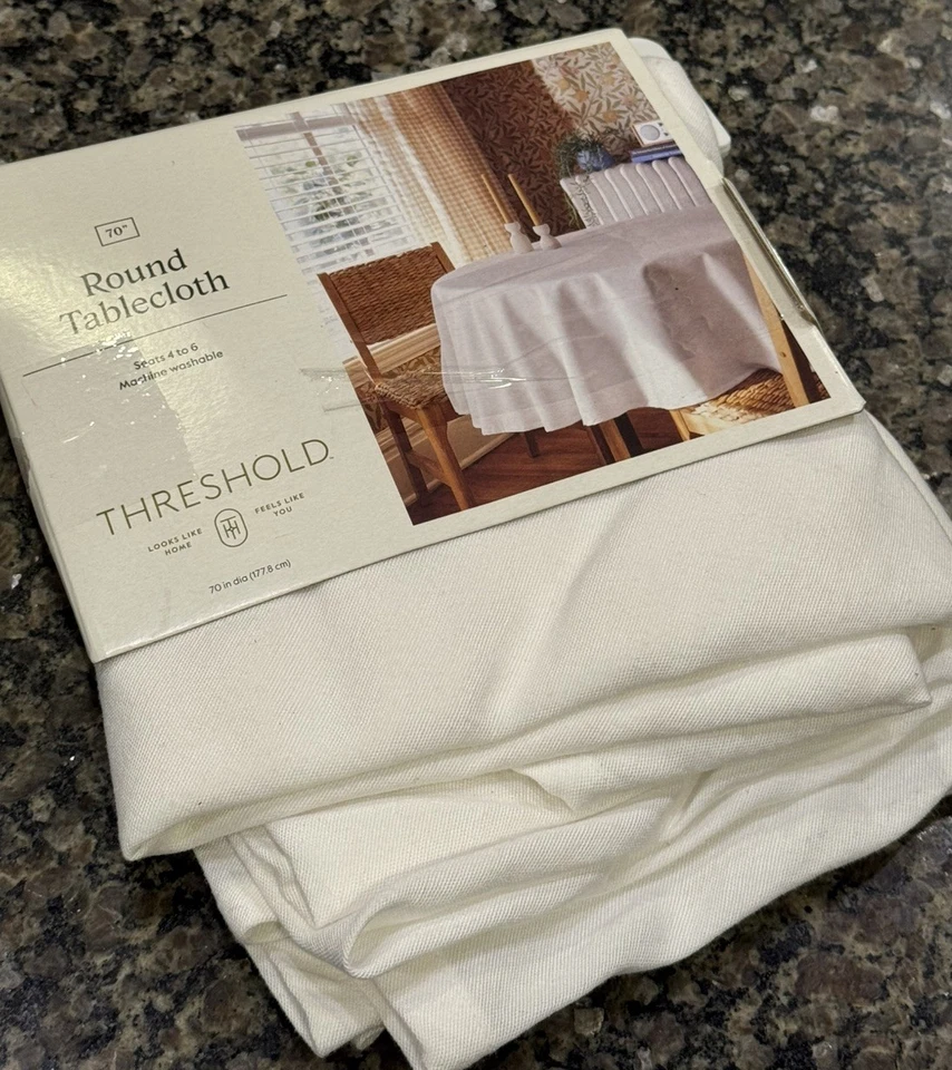 Threshold 70” Round Solid  White Design Table Cloth Cotton Cover - Image 1 of 4