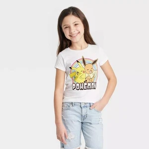Girls' Pokémon Eevee & Pikachu Short Sleeve Graphic T-Shirt White - Picture 1 of 2