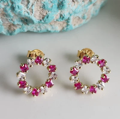 Brincos folheados a ouro amarelo prata esterlina 925 círculo de safira rubi 2,5 pol. 1/2 pol. - Imagem 1 de 3