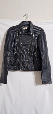 MANGO Genuine Leather Jacket Cropped Full Zip Black Biker Size XL Womens  - Image 1 of 4