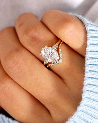 14K Yellow Gold Plated Oval Cut Moissanite 3.00 Ct Engagement Bridal Set Ring - Image 1 of 4