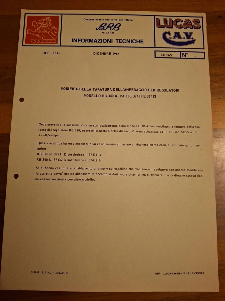 LUCAS C.A.V. -BRB Informazioni Tecniche 1966 N*7-taratura Amperaggio Mod  RB 340 - Immagine 1 di 1