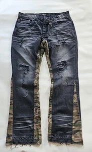 BNWT Boohoo Man Distressed Black Jeans Camouflage print Size W38 34L - Picture 1 of 8