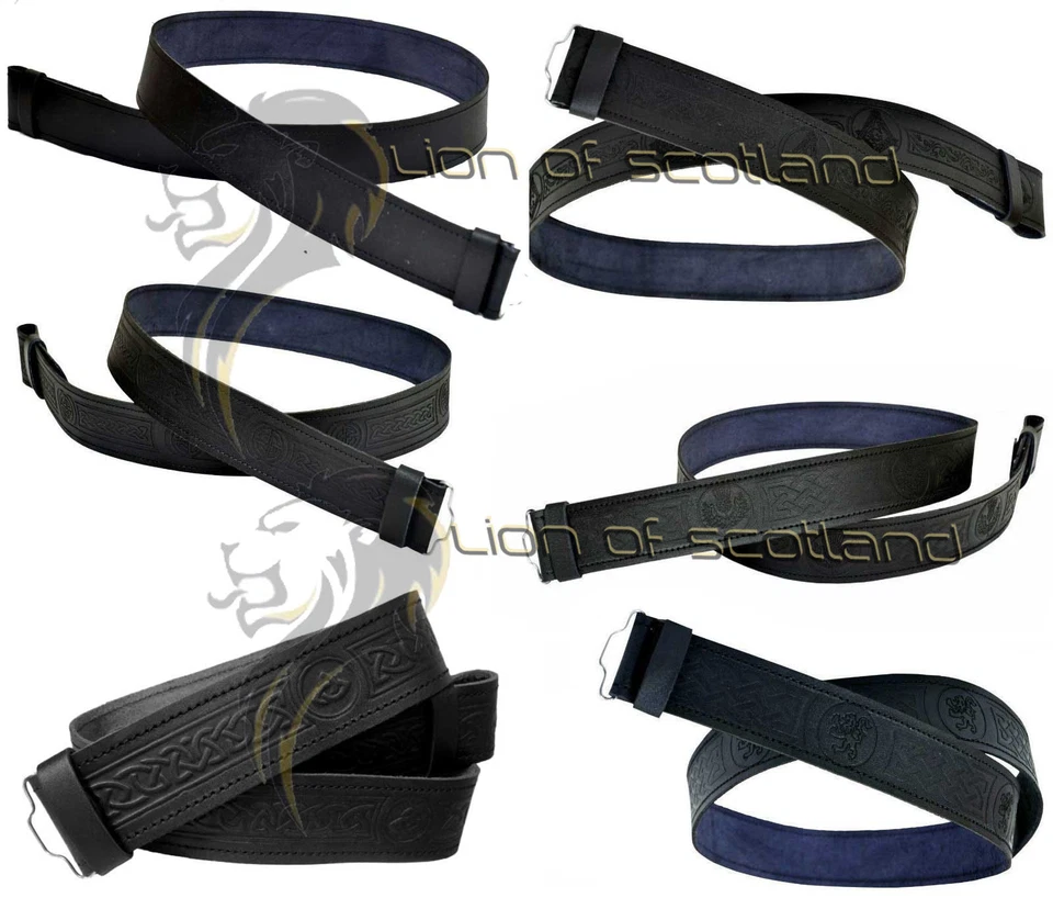 Scottish Kilt Belt Buckle Black Leather Embossed Celtic Knot, Thistle, Masonic