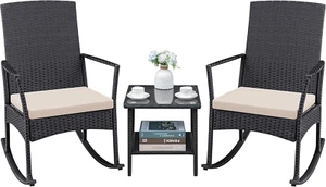 3 Pieces Patio Furniture Set Outdoor Wicker Rocking Chairs with Glass Coffee Tab - Picture 1 of 7