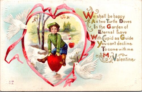 Valentine's Day Postcard Child Sitting on Heart in Ice White Doves Ribbon Heart