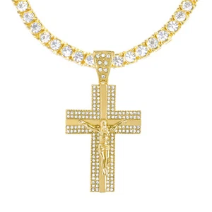 Collar de cadena de tenis colgante de cruz Jesús helado tono dorado pesado XL 26" THC 5011 G - Imagen 1 de 3