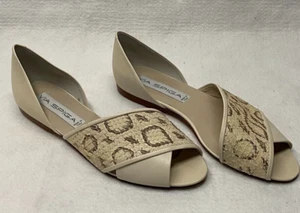 Vintage Via Spiga of Italy Flat Slip Ons Size 8.5 AA Peep Toe Snakeskin Beige - Picture 1 of 12