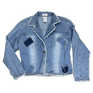 Jeansblazer Jacke Y2K Damen L Patchwork Raw Hem Faded Stretch Boho Artsy - Bild 1 von 12