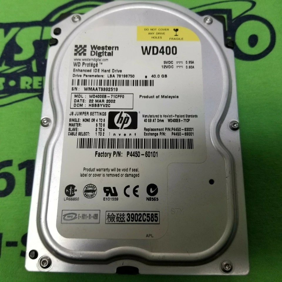 Western Digital Protege 40GB 5400 RPM,3.5" WD400EB-71CPF0 IDE Hard Drive HDD - Image 1 of 1