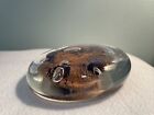 Art Glass Flat Round Paperweight Clear w/Purple Glass And Orange Sand Inside 4”