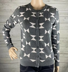 Merona Cardigan Sweater XS Gray Pale Pink Bow Print Cotton Blend Thin Knit  - Picture 1 of 12