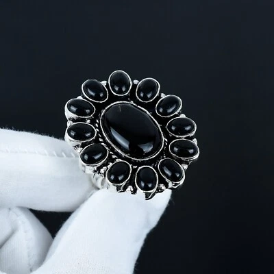 Anello Fiori In Argento Sterling 925 Con Gemma Onice Nero Fatti A Mano Regali - Immagine 1 di 4