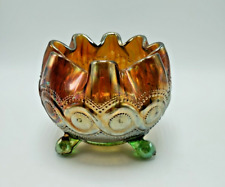 Vintage Northwood Radium Green Carnival Glass Beaded Cable Rose Bowl, Footed