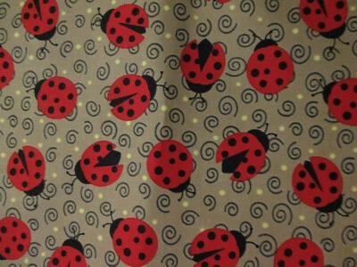 LADY BUG LADYBUGS SWIRLS TAN BROWN YELLOW COTTON FABRIC FQ  - Image 1 of 4