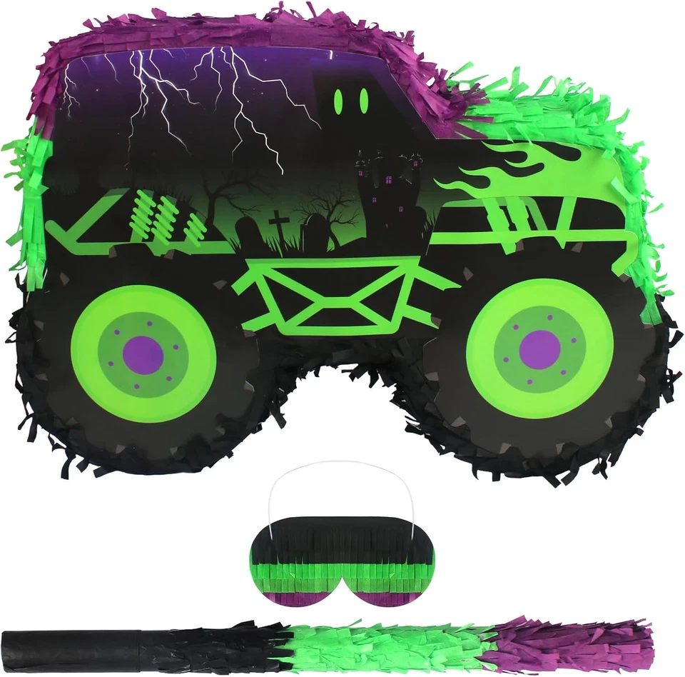 Monster Truck verde y púrpura piñata coche piñata con palo y venda para Foto 1 de 4