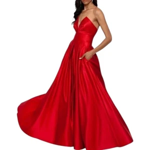Betsy & Adam Strapless Red Luxe Satin Formal Gown Size 8 Plunging V Neck Pockets - Picture 1 of 11