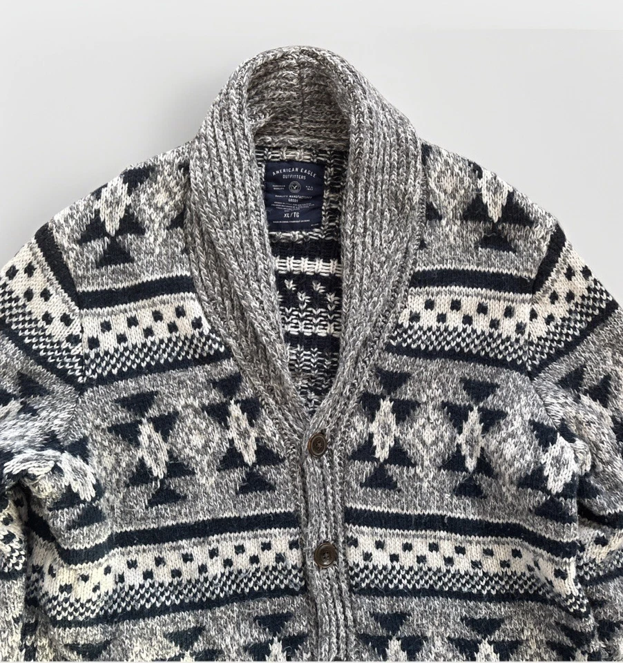 Cardigã masculino gola xale American Eagle XL cinza nórdico ilha clara mistura de lã - Imagem 1 de 4