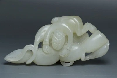 Estatuetas chinesas antigas de jade hetiana esculpidas à mão de menino raiz de lótus - Imagem 1 de 4