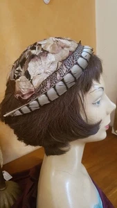 Vintage 50s womens pewter/cream feathers flowers half hat headband - Picture 1 of 9