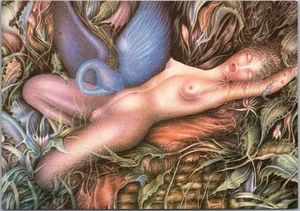 French Risque Art 1984 4x6 postal mujer con cisne azul "Leda - I. Distler" #126 - Imagen 1 de 2