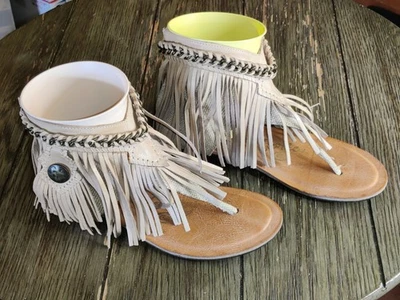 Naughty Monkey Fringe Sandals Size 6 Leather Upper Gladiator Chain Tan Nude EUC - Image 1 of 4