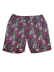 Talbots Womens Bermuda Shorts 16W Paisley Flat Front Stretch Pink Green EUC - Picture 1 of 4