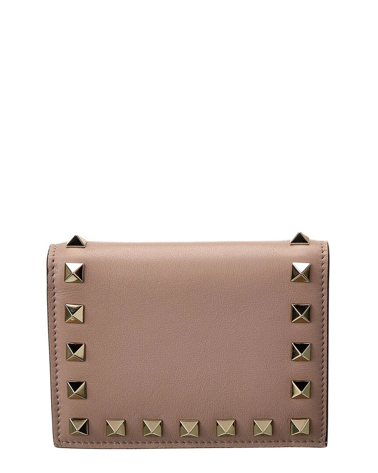Porta-cartões feminino Valentino Rockstud couro rosa - Imagem 1 de 4