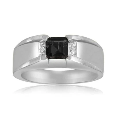 Natural Black Onyx with 14K White Gold Plated Silver Ring for Men's #1178 - Image 1 of 4
