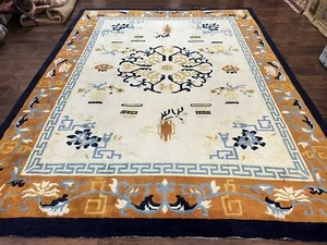 Indo Chinese Rug 9x12 Asian Oriental Handmade Vintage Wool Art Deco Carpet Cream - Picture 1 of 12