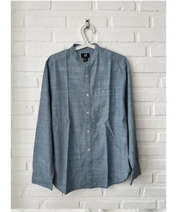 H&M Collarless Button-Down Men's Long Sleeve Dress Shirt - Light Blue, Size L - Picture 1 of 4