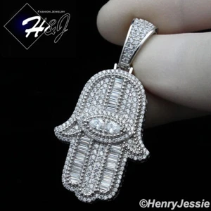 MEN SOLID 925 STERLING SILVER ICY BLING CZ 3D EVIL EYE HAMSA HAND PENDANT*SP296 - Picture 1 of 4